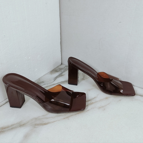 Unbranded Brown Transparent Square Toe Block Heel Sandals Slides, Sz 9.5 - Picture 2 of 14